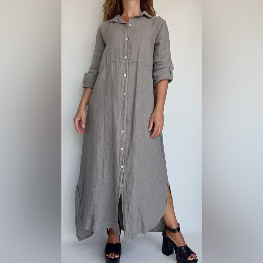 Taupe Italian Linen Button-Up Dress/Duster